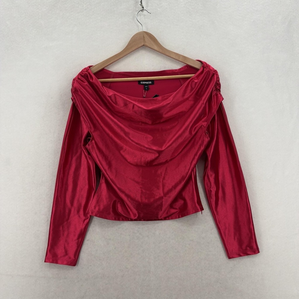 Express Blouse Womens XS Pink Satin Cowl Neck Long Sleeve Stretch Party Top NWT